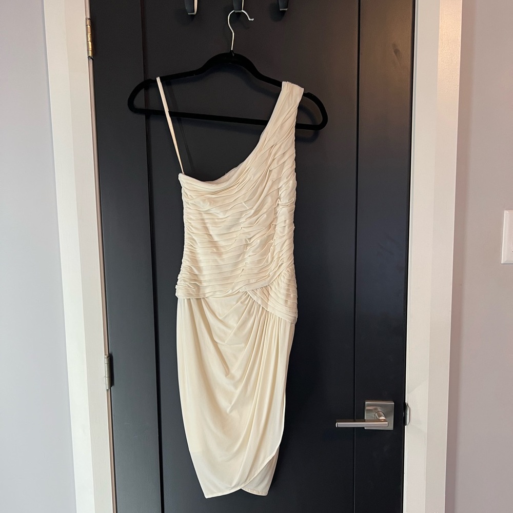 BCBG WHITE ONE SHOULDER DRESS - worn once! PERFECT FOR WEDDING SEASON!
